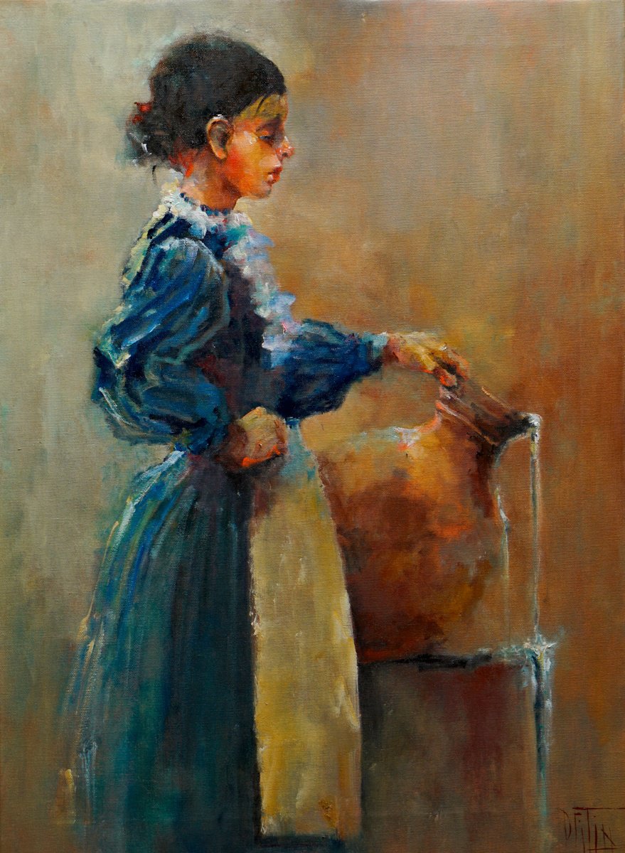 Impressionistic Portrait Oil Painting By Pavel Filin, 22 X 30", Large Jug, Original Artwork