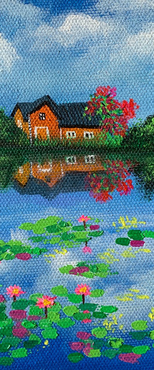 House by water lilies pond - 2 ! Small Painting!!  Ready to hang by Amita Dand