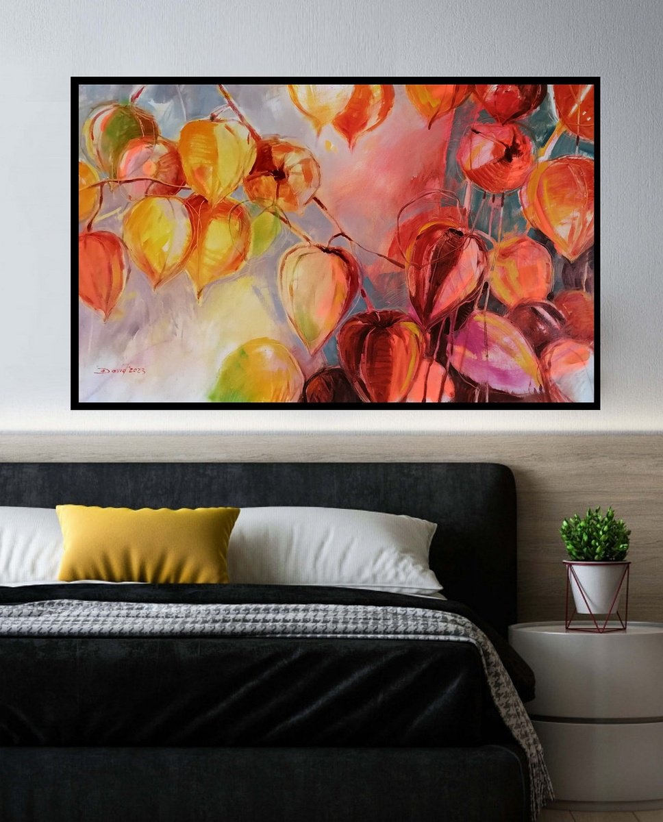 Impressionistic Botanical Oil Painting By Olga David, 55 X 31", Physalis Poetry In Oil, Original Artwork