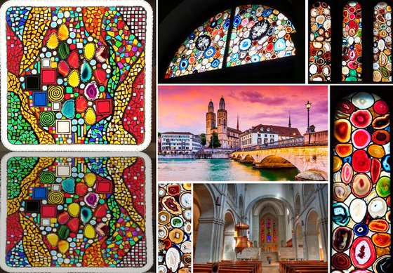 Colorful Dreams - Stained glass window backlight wall sculpture with Precious stones. Decorative colorful mosaic painting, glass art Lamp