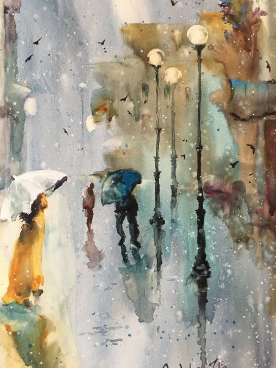 SOLD Watercolor “Sudden rain. Moody nature@