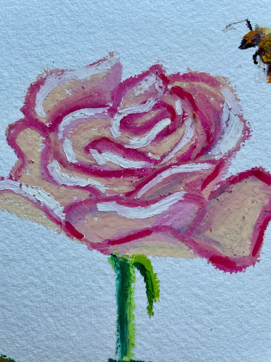 Rose Original Oil Pastel Painting, Bee Illustration, Valentines Day Gift for Her, Cottagecore Wall Art
