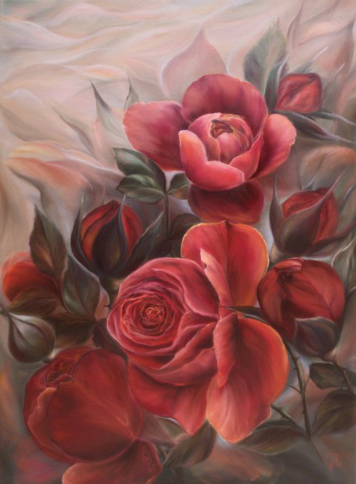 Embrace of terracotta roses, oil painting, original gift, home decor, Flowering, Spring, Leaves, Living Room, leaves,  flower picture by Natalie Demina
