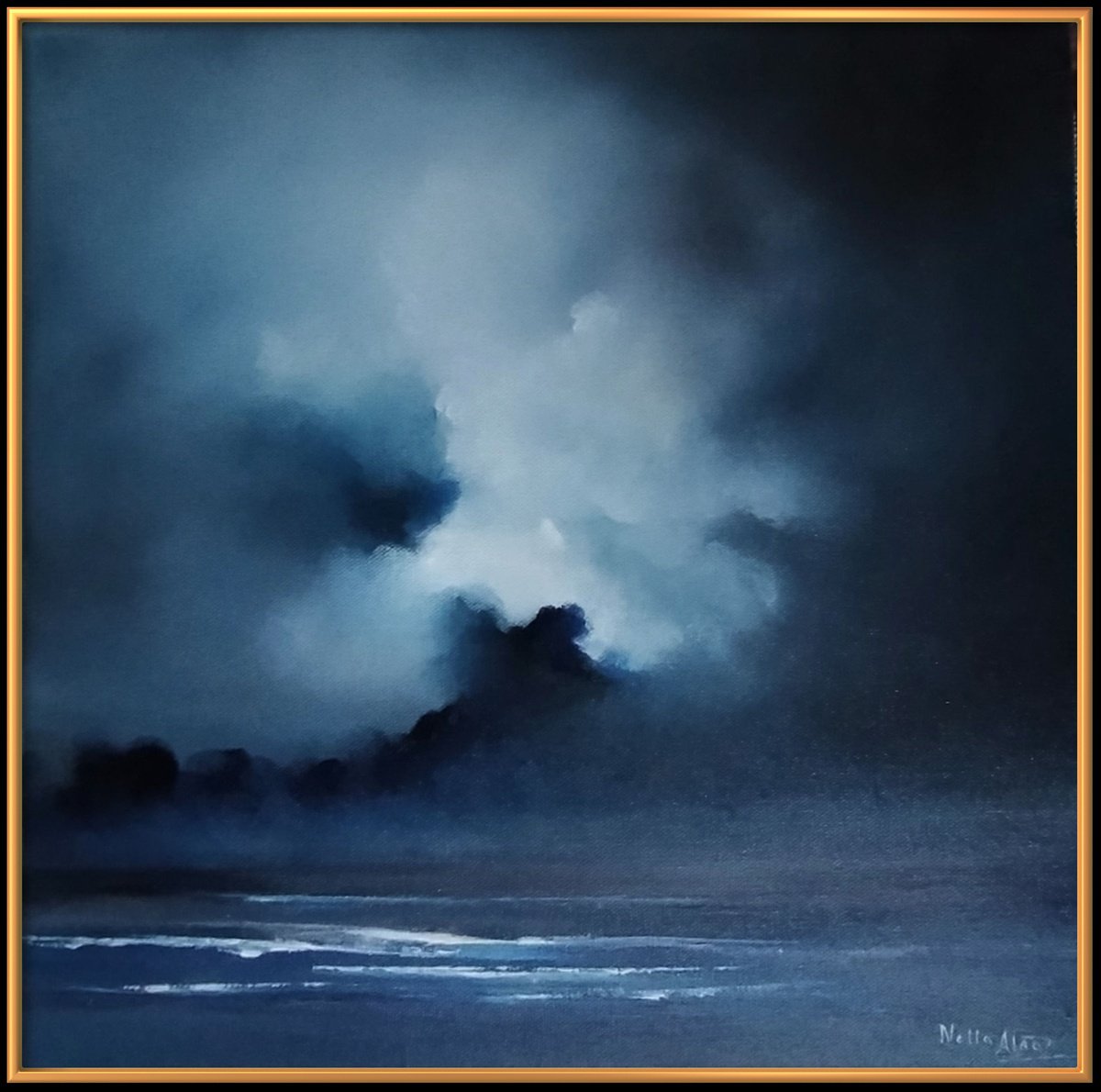 Abstract Landscape Oil Painting By Nella Alao, 16 X 16", Lighting The Sea, Original Artwork