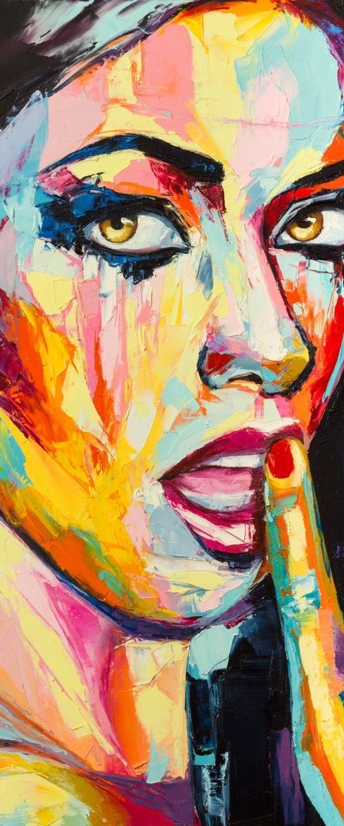 "Too naughty", a fantasy woman palette knife portrait from "colorful emotions" collection by Lana Frey