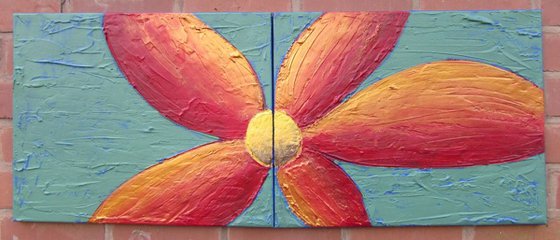 gold red flower painting original hand painted abstract flower texture art canvas - 40 x16 inches