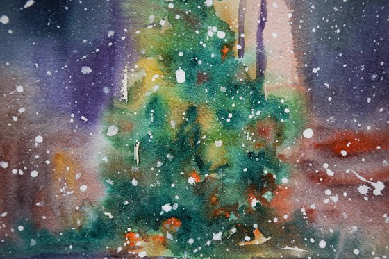 Winter New York watercolor painting, New Year Rockefeller Center, original abstract cityscape, snowy Manhattan