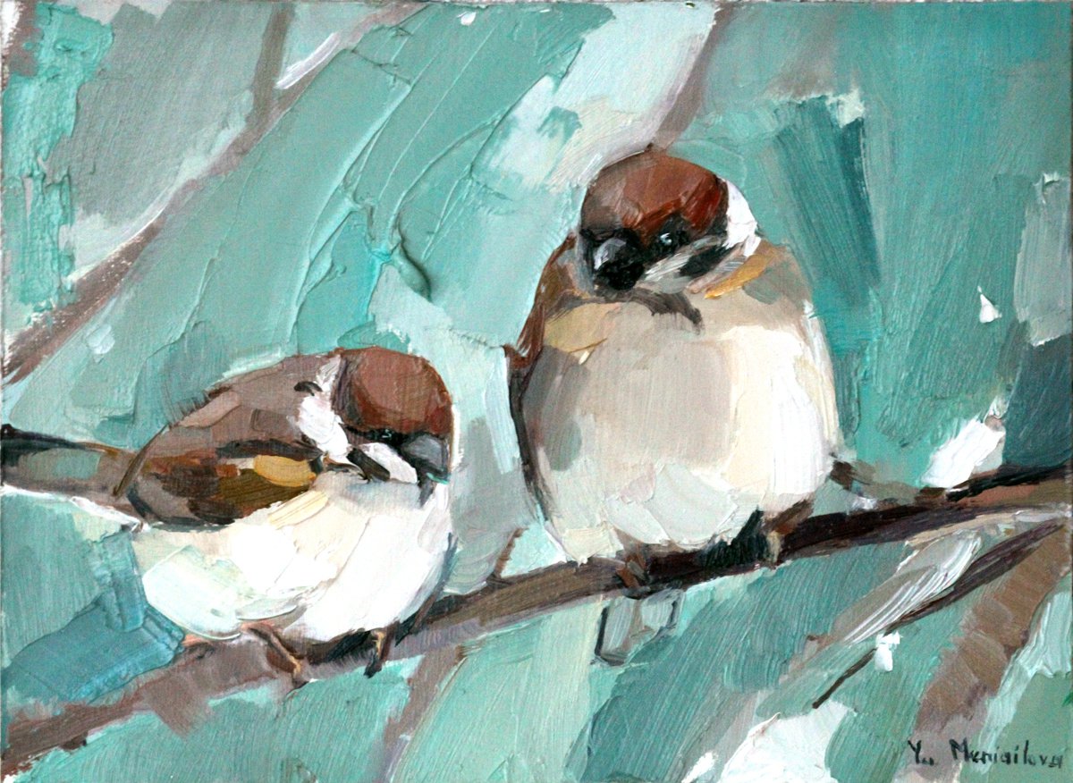 Sparrows - Two bird - Oil painting by Yuliia Meniailova