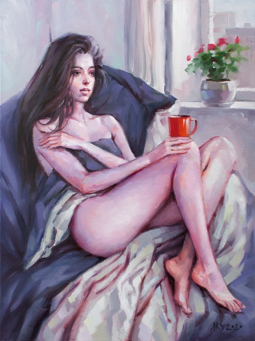 TENDER MORNING - Captivating Beauty and Morning Bliss: Original Oil Painting of a Serene Girl Enjoys Coffee by the Window by Yaroslav Sobol