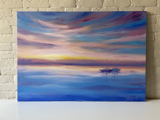 "Calm". 100x70cm. Sea. Ships at sea. Oil painting. Seascape