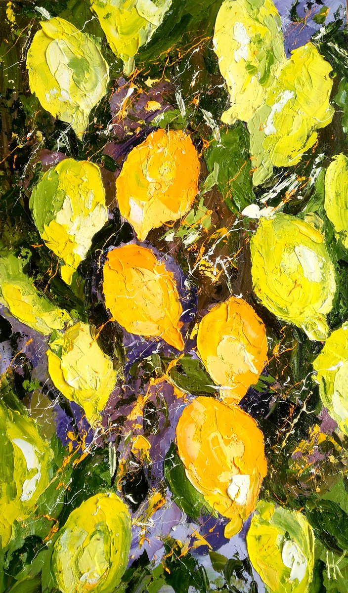 Lemons Painting Fruit Original Art Lemons on Branch Oil Impasto Pallete Knife Artwork Home... by Halyna Kirichenko