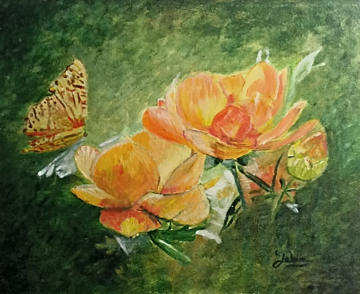 Impressionistic Botanical Oil Painting By Isabelle Lucas, 16 X 13, Orange Flower Butterfly, Original Artwork