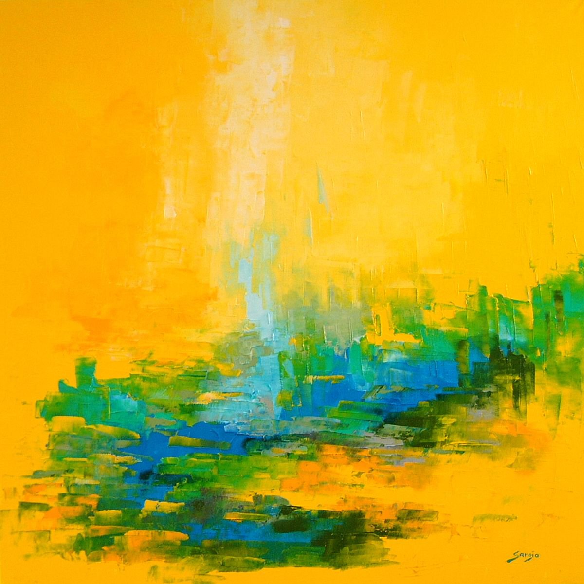 Abstract Landscape Oil Painting By Saroja Van Der Stegen, 29 X 29", Yellow Opera (Ref#:1055-70Q), Original Artwork
