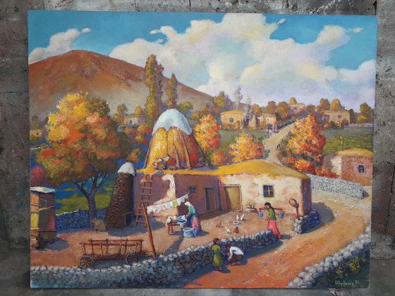 Rural courtyard (80x100cm, oil painting, ready to hang)