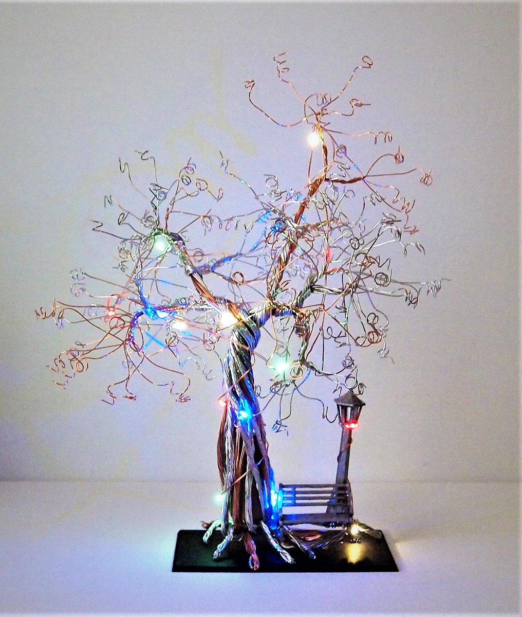Silver & Copper wire tree sculpture with Bench, Lamppost and LED lights by Steph Morgan