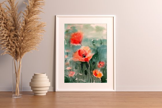 Watercolor poppy field