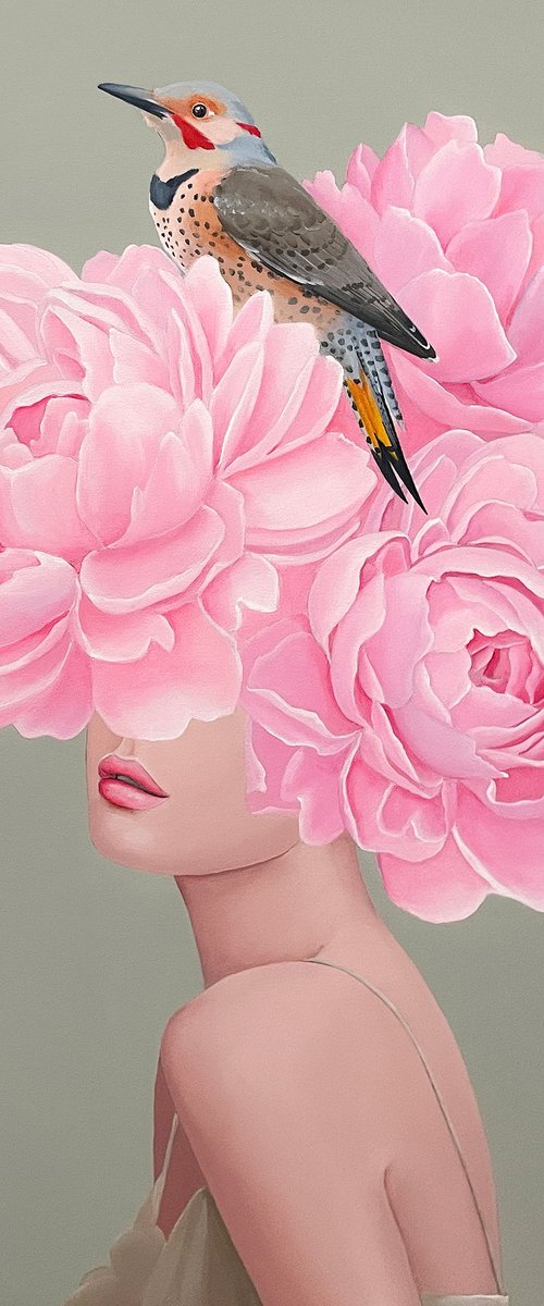 Girl with a bird and peonies by Elina Zelena