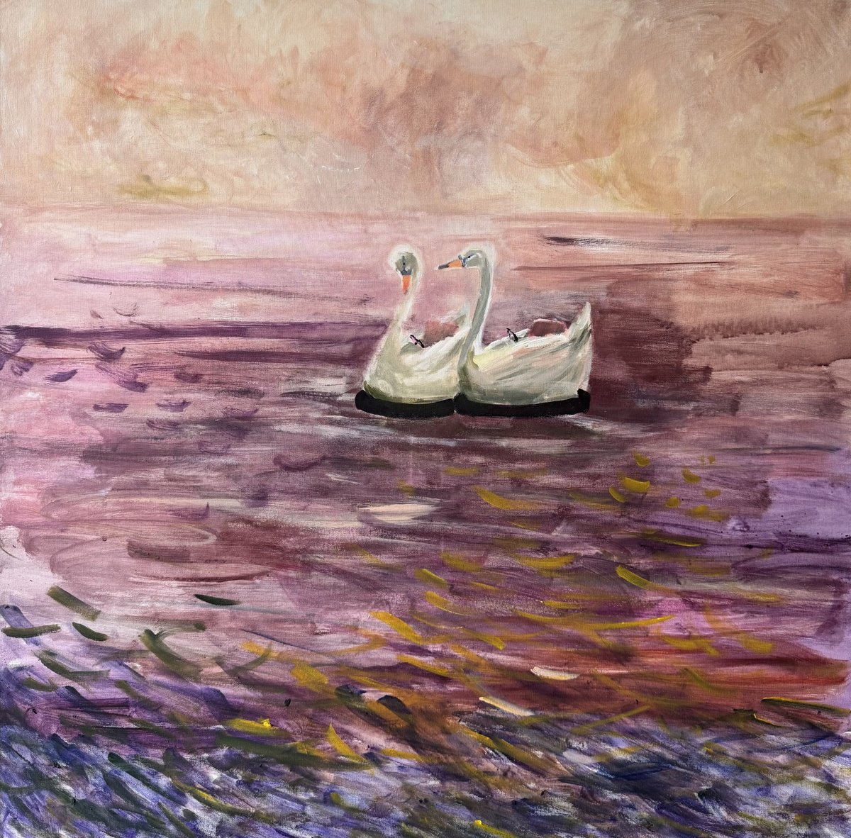 Impressionistic Landscape Acrylic Painting By Anastasia Mazur-Skrobova, 31 X 31, Swans, Original Artwork