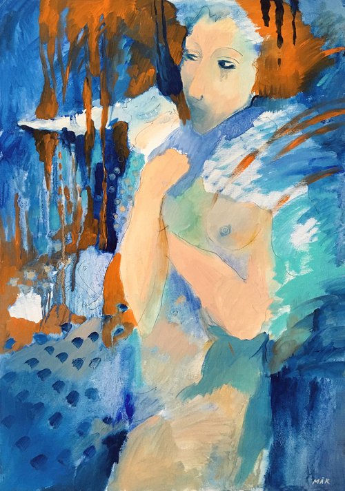 ULTRAMARINE DREAMS - blue and orange wall art with a woman figure and magic creatures gift for her home décor by Irene Makarova