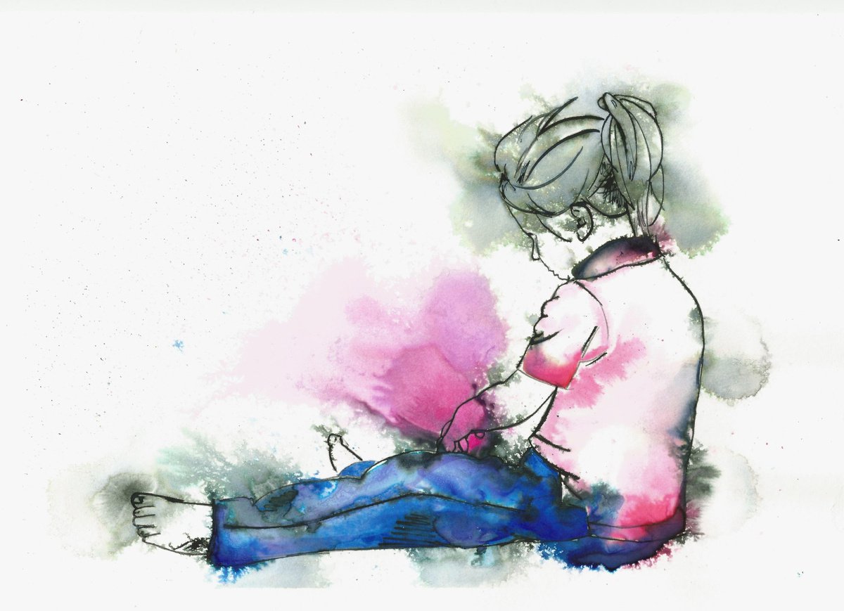 Inner Child, Sad art, ink painting, pink and blue by Dianne Bowell