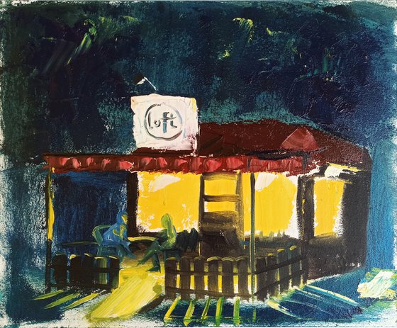 Cafe in the city at the Night. Plein Air Painting
