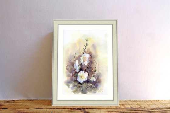 White Hollyhocks in watercolor, Small Wild flowers painting