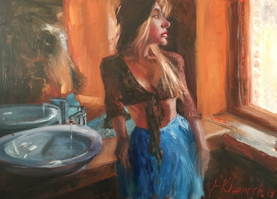 Morning in the bathroom. Model Art. Realistic oil painting