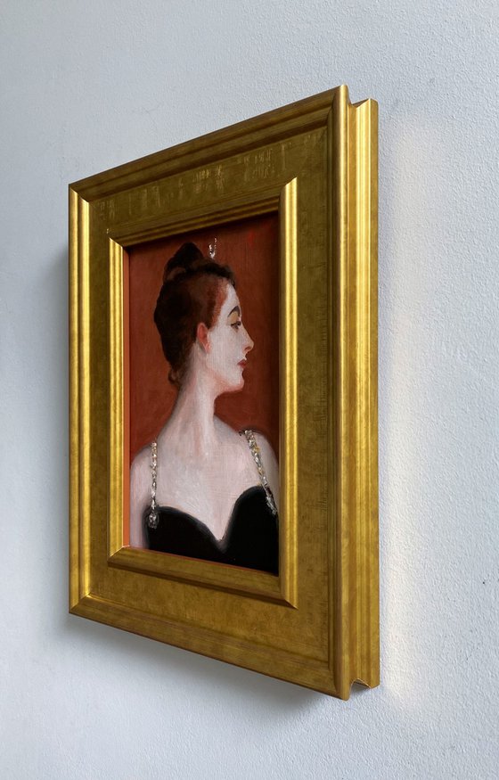 Madame X study after Singer Sargent, oil painting, with wooden frame.