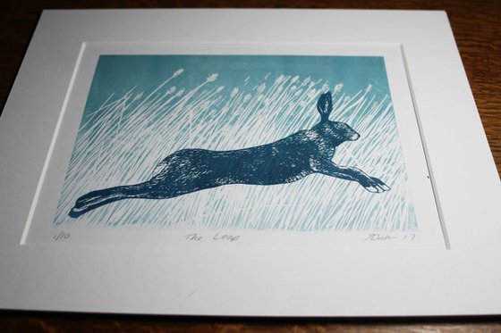 Through the Long Grass Vol 2, Hare running Linocut, Mounted