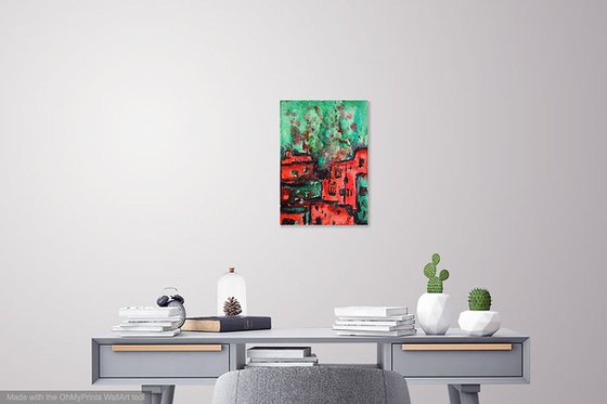 Watercolor painting Abstract cityscape, Green and red city