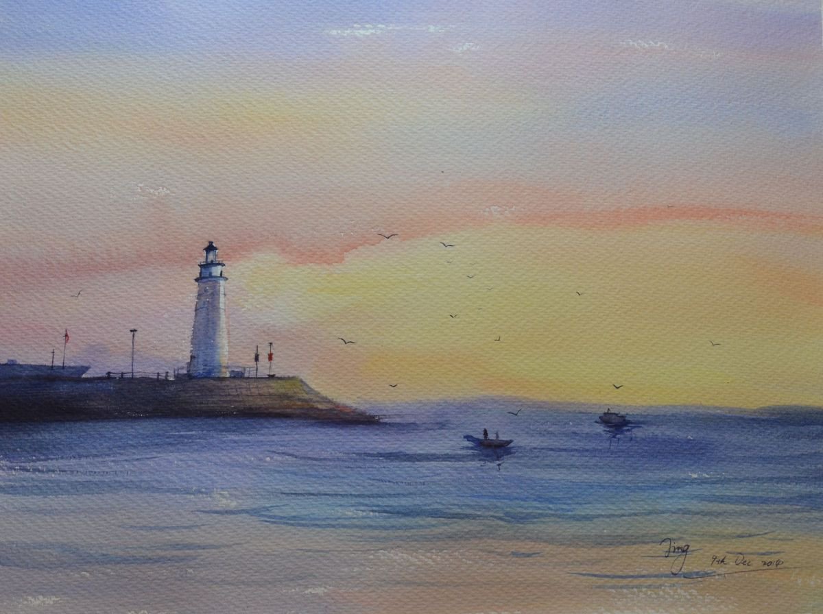 Impressionistic Landscape Watercolour By Jing Chen, 20 X 15, Light House, Original Artwork