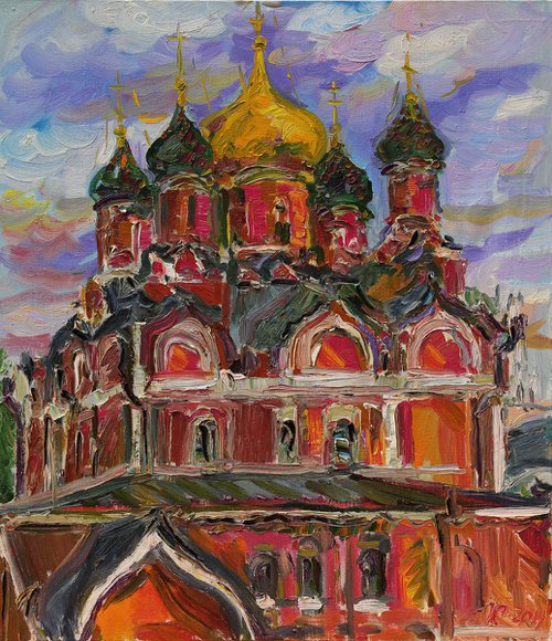 MOSCOW. CHURCH ON VARVARKA STREE - Cityscape, original painting, Russia, Russian church, orthodox, red, impressionism, interior art home decor, Christmas gift by Karakhan