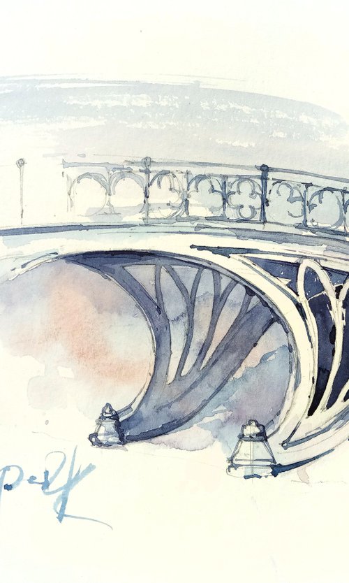 Architectural sketch in gray-blue tones "Bridge in Central Park, New York" - Original watercolor painting by Ksenia Selianko