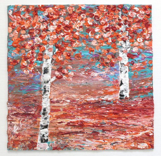 "Magical Orange World,2017" - Autumn Birch Tree - Landscape Impressionistic Acrylic Painting on Canvas Board