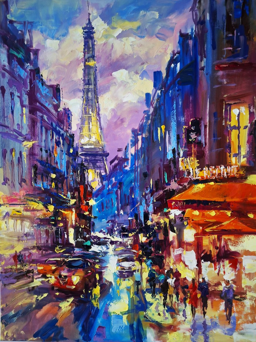Abstract Cityscapes Oil Painting By Andrej Ostapchuk, 24 X 31, Evening Of City Lights, Original Artwork