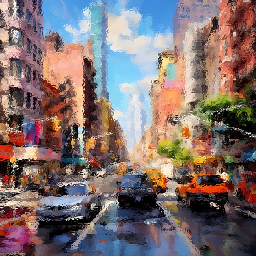 American street after the rain. Urban 7th Avenue and Broadway Times Square New York City USA cityscene, colorful impressionistic landscape art. Large wall art home decor. Art Gift by BAST