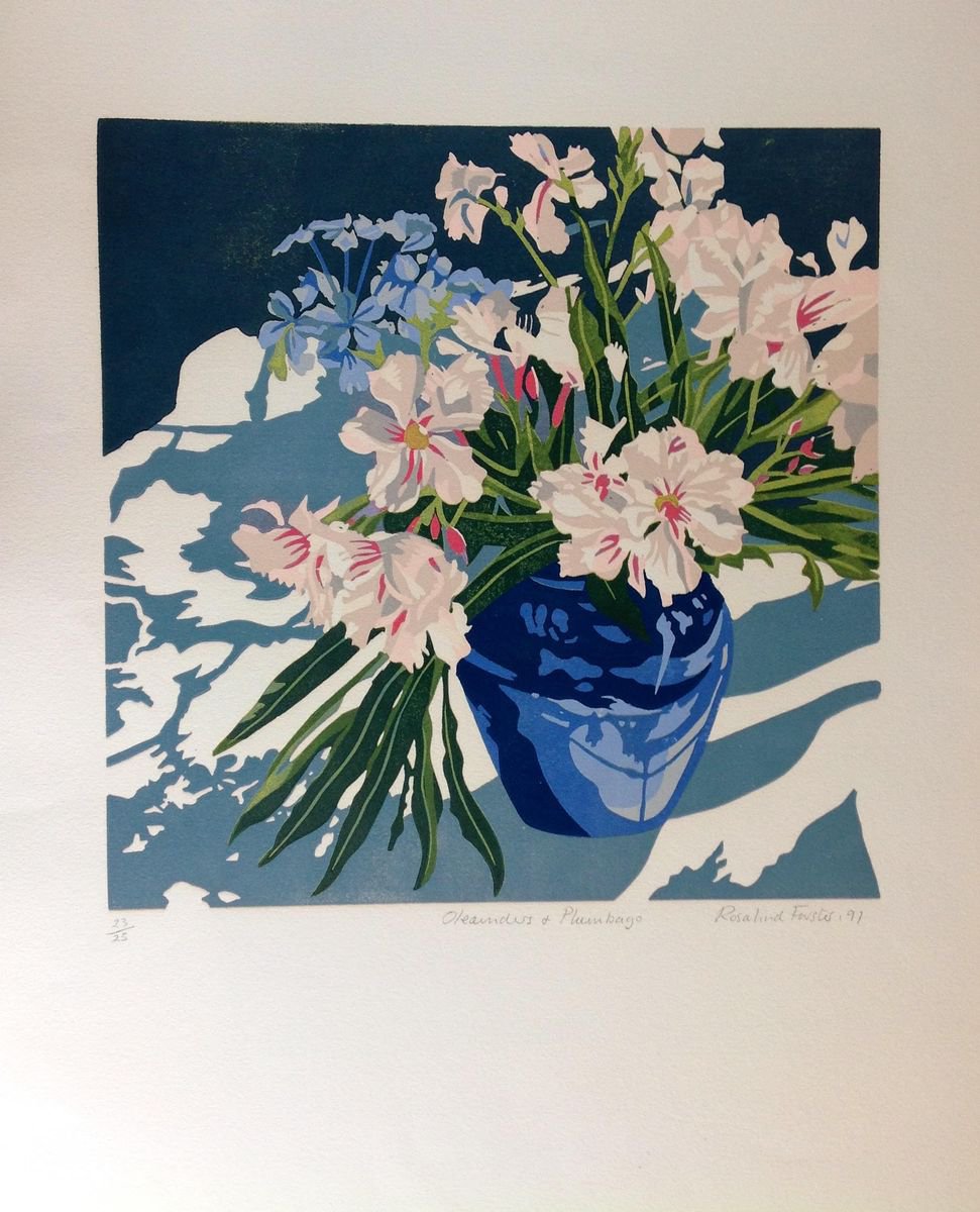 Botanical Linocut By Rosalind Forster, 15 X 19", Oleanders And Plumbago, Original Artwork