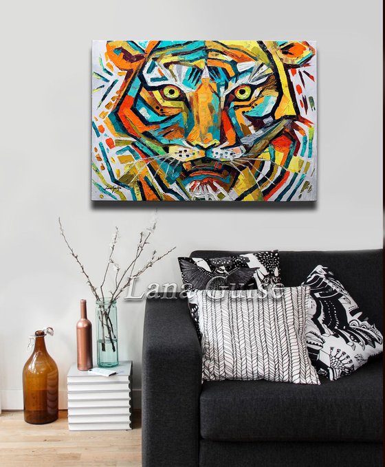 Animal Tiger Painting, Big Cat, ORIGINAL OIl Painting Modern Textured Palette Knife