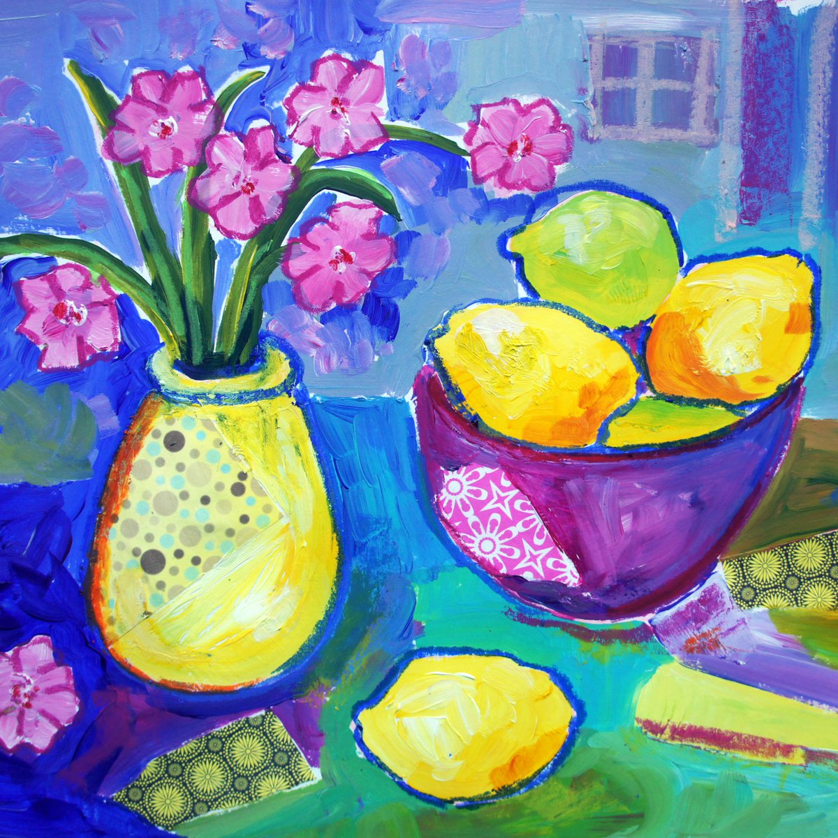Lemons in a purple bowl by Julia Rigby