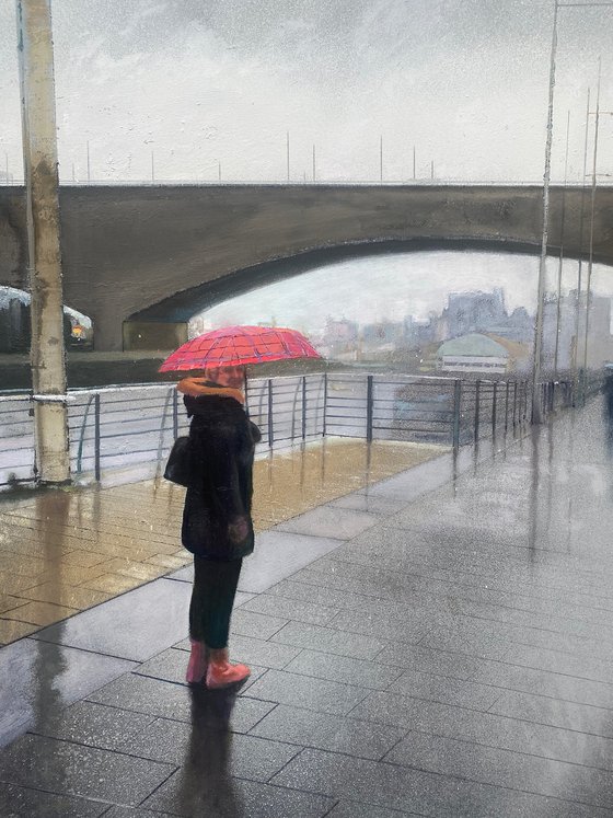 'Rainy Day in Scotland' Oil Painting of women with red umbrella