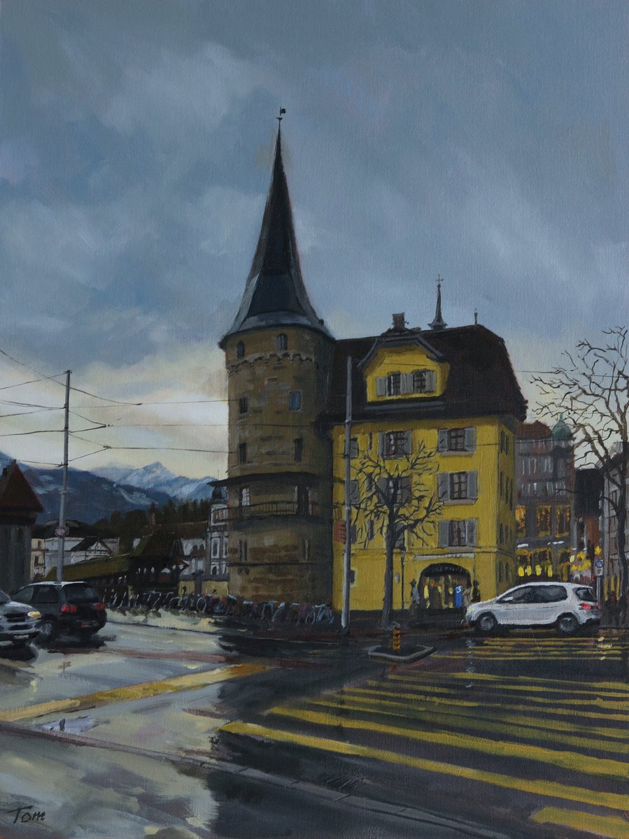 Cityscapes Oil Painting By Tom Clay, 12 X 16", Lucerne At Dusk, Original Artwork