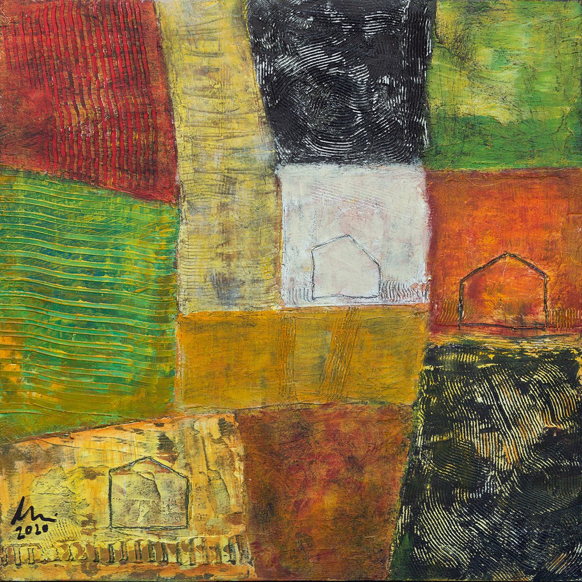 Organic Abstract Acrylic Painting By Peter Zelei, 14 X 14", Abstract Landscape I., Original Artwork