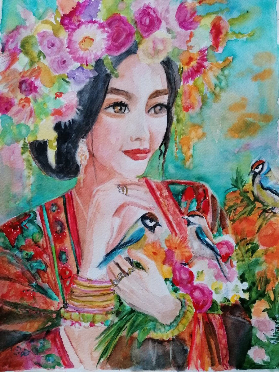 Impressionistic Portrait Watercolour By Martine Vinsot, 11 X 15", Portrait With Birds, Original Artwork