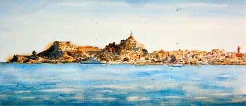 Corfu island Kerkyra Greece skyline 23x54cm 2022 by Nenad Kojić watercolorist