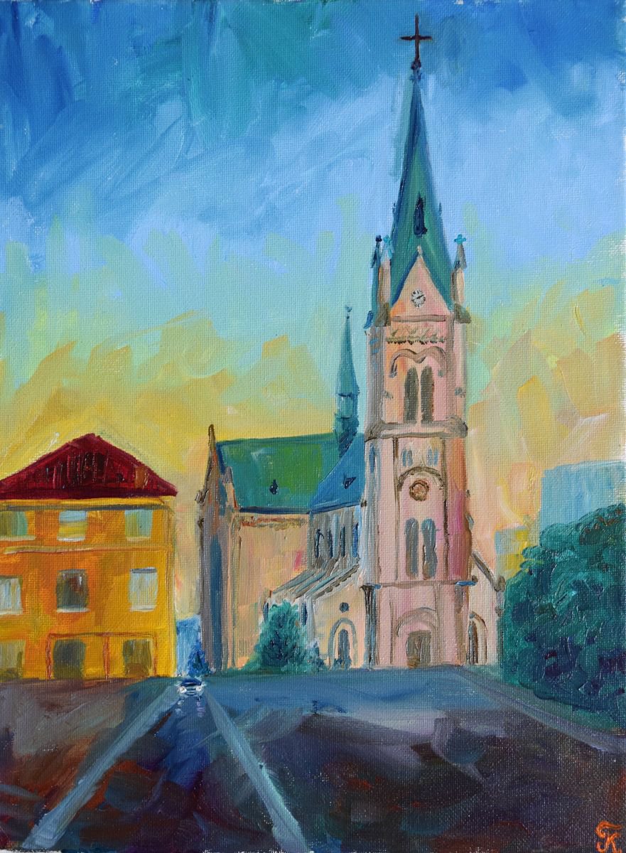 Oil painting Church Blumental in Bratislava, sunset in Slovakia by Kate Grishakova