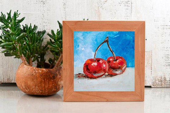 Couple Cherries Painting Original Art Fruit Artwork Berries Still Life Wall Art