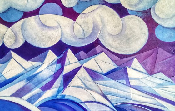 Winter evening (60x80cm, cubism, oil painting, ready to hang)
