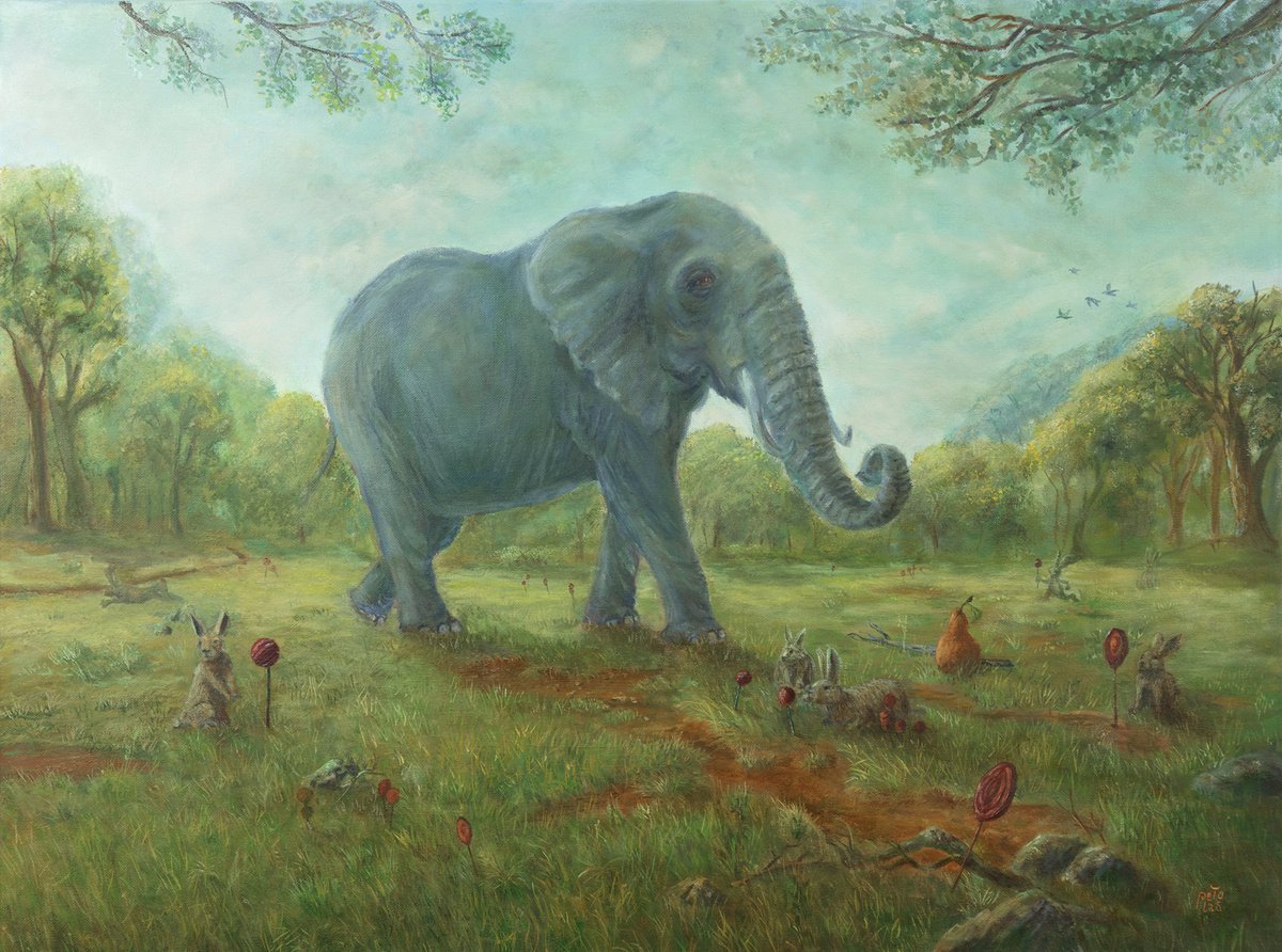 Surrealistic Animal Oil Painting By Nikolina Petolas, 31 X 24", Meeting, Original Artwork