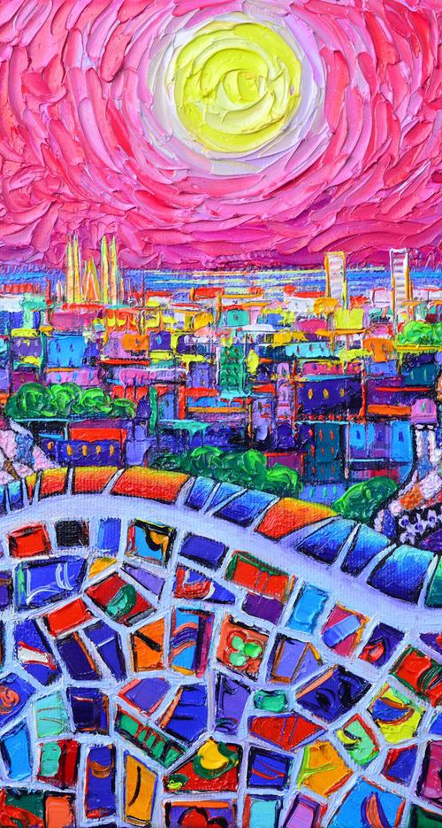 VIBRANT BARCELONA NIGHT VIEW FROM PARK GUELL abstract stylized cityscape impasto textural modern impressionist palette knife oil painting by Ana Maria Edulescu by ANA MARIA EDULESCU