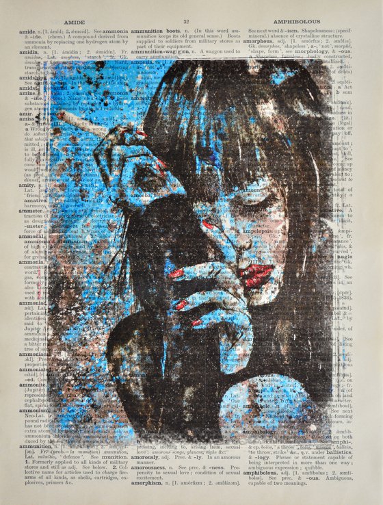 Girl With Cigarette - Collage Art on Large Real English Dictionary Vintage Book Page